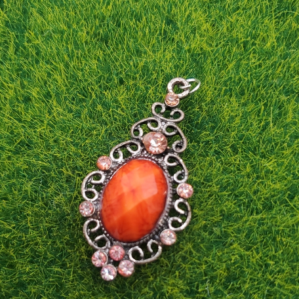 Elegant Orange and Silver Tone Regency styled Pendant P402